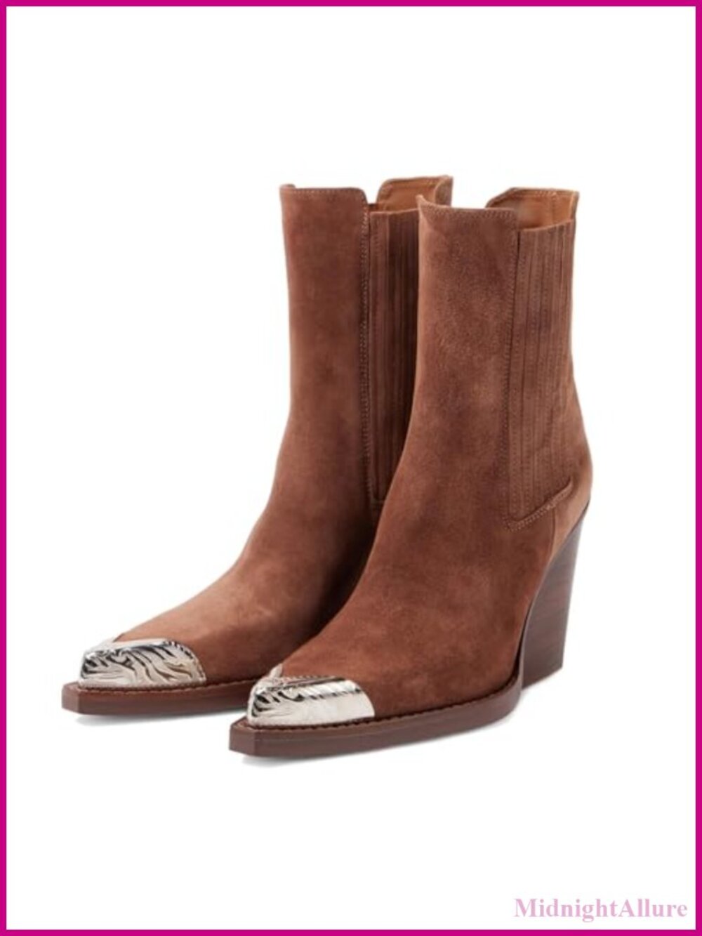 Suede Western Cowboy Ankle Boots Pointed Toe Stacked Block Heel Slip On Booties